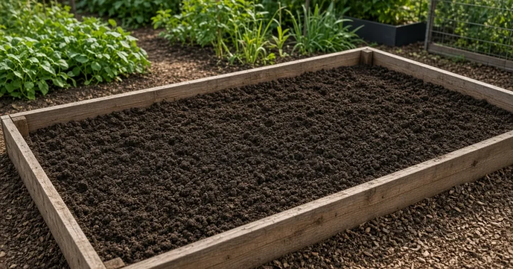 Freshly prepared garden bed with dark loose soil