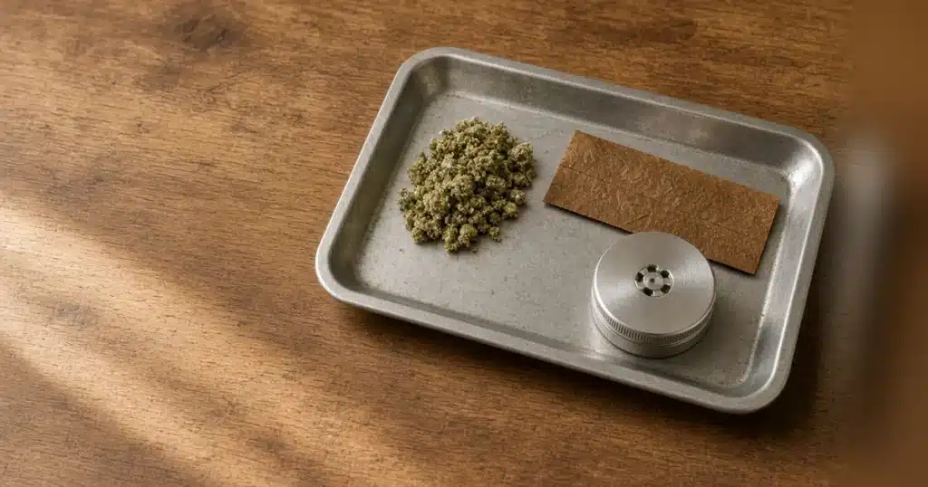Rolling tray with ground cannabis flower, a hemp wrap and a metal grinder