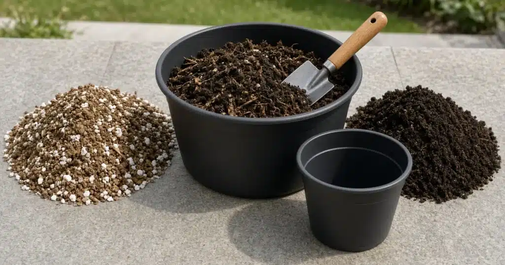 Tub of used potting mix with a trowel beside piles of fresh mix and compost and an empty plant pot