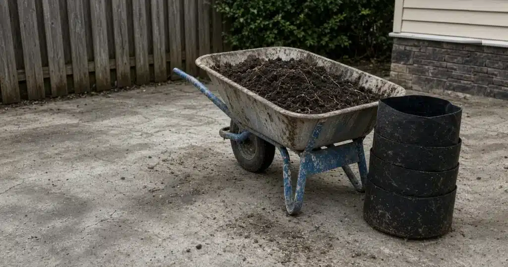 Wheelbarrow of used potting soil beside empty grow pots