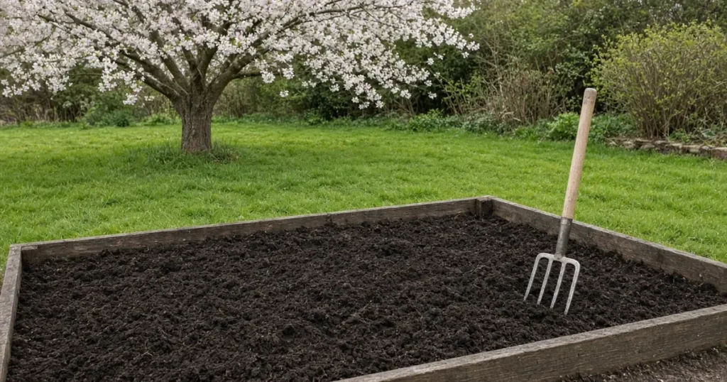 New spring garden bed with compost