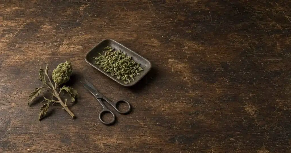 Trimming station with cannabis buds, small scissors and a tray