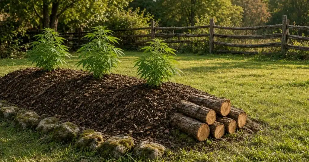 Outdoor cannabis plants growing along a wood-chip-mulched hugelkultur bed, with cut logs stacked at one end.