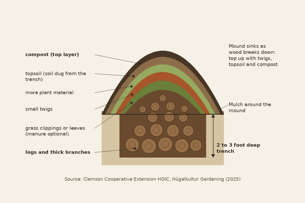 Diagram of hugelkultur layers in a 2 to 3 foot trench, from logs and thick branches through plant material and twigs to topsoil and compost.