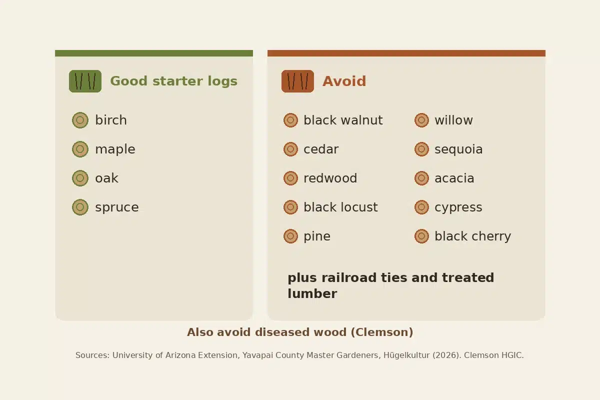 Chart listing woods to use and woods to avoid in a hugelkultur bed.
