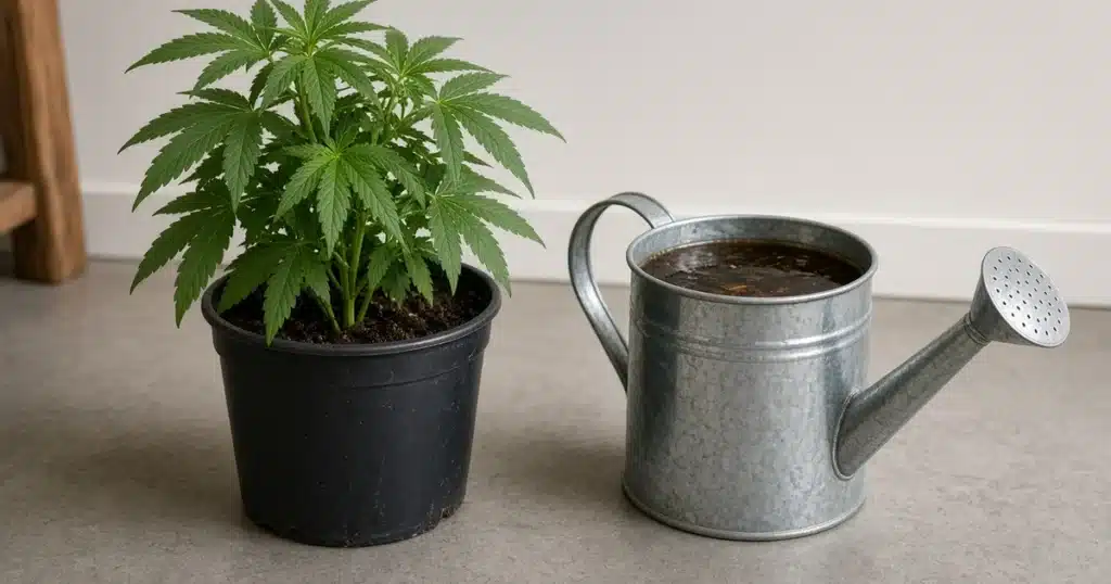 Watering can of dark brown humic liquid beside a container cannabis plant indoors