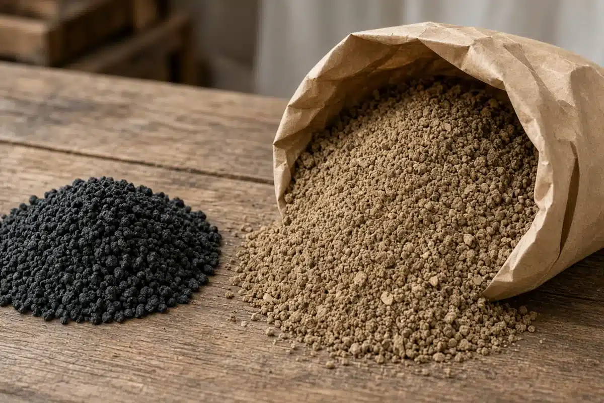 Small heap of black humic granules next to an open bag of light brown potting mix on a workbench