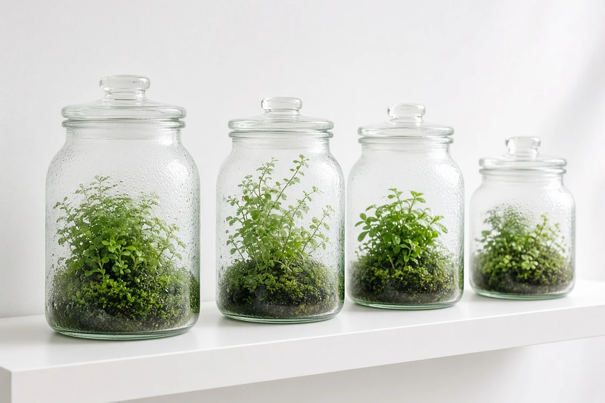 Humid jar garden on a bright shelf