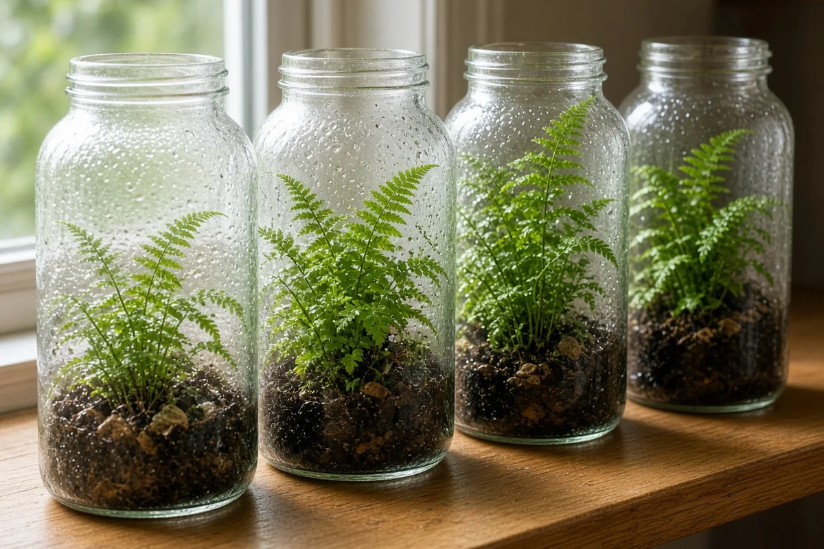 Humid jar garden with ferns on a bright shelf