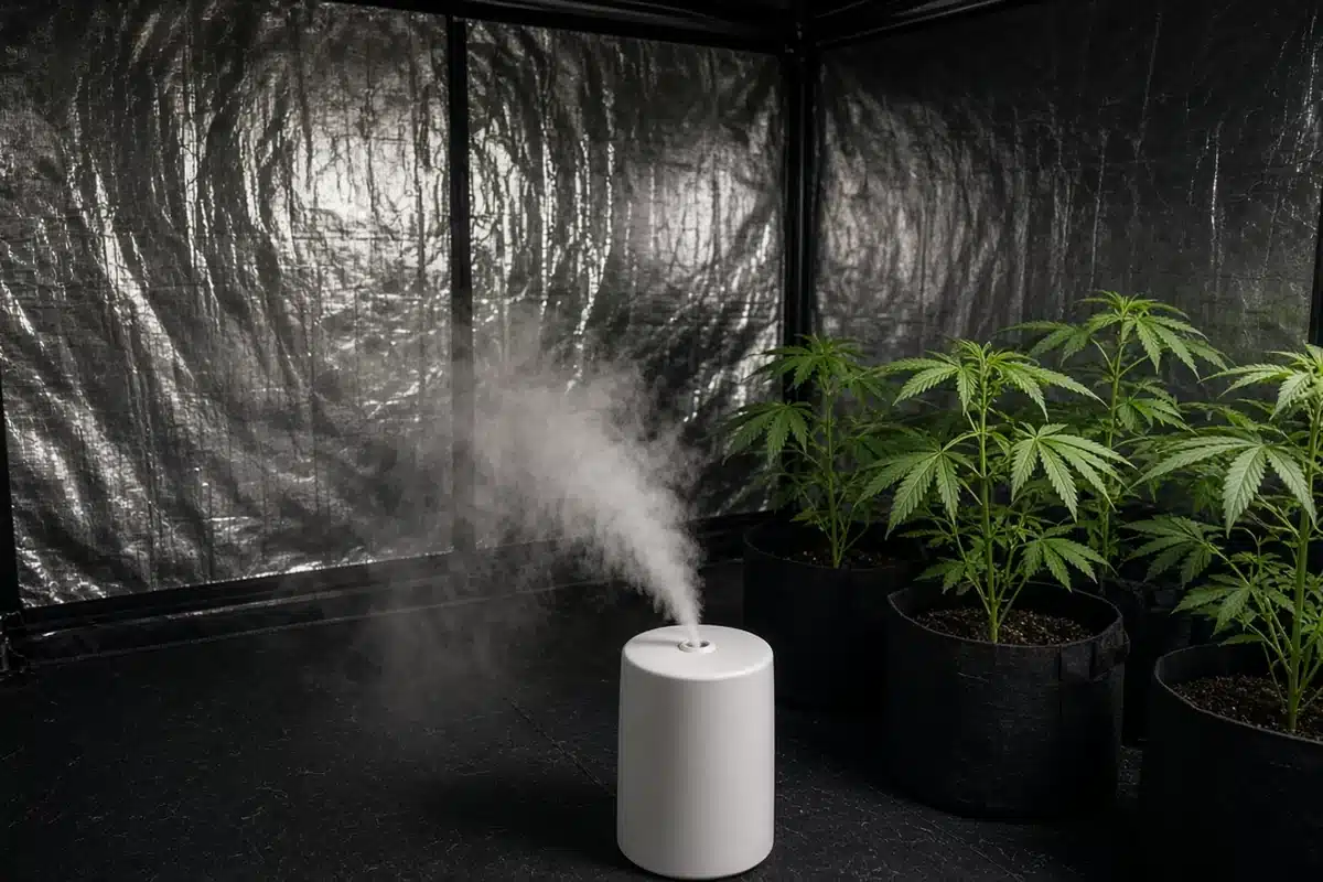 Fine humidifier vapor drifting into open air above the floor of a grow tent away from the cannabis leaves