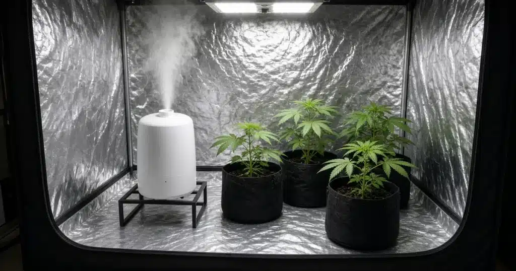 Small humidifier on the floor of a grow tent beside young cannabis plants in fabric pots
