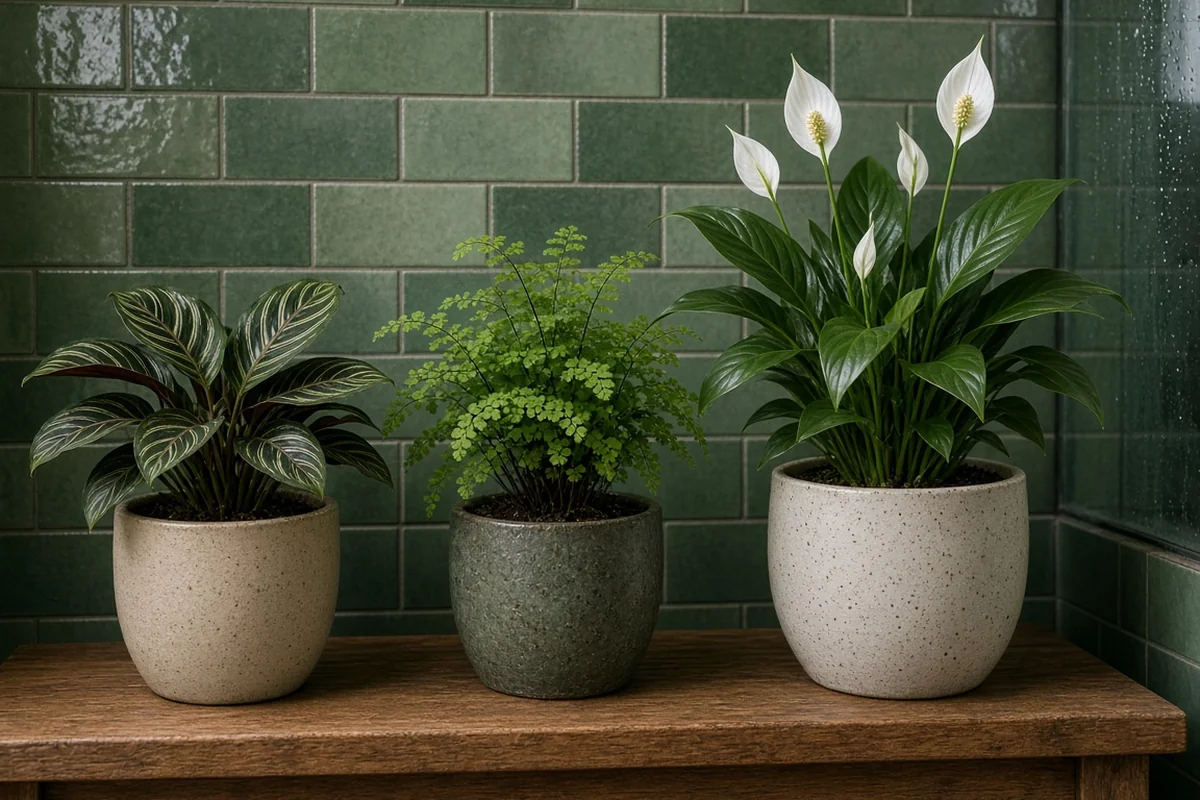 Humidity loving plants beside a tiled wall