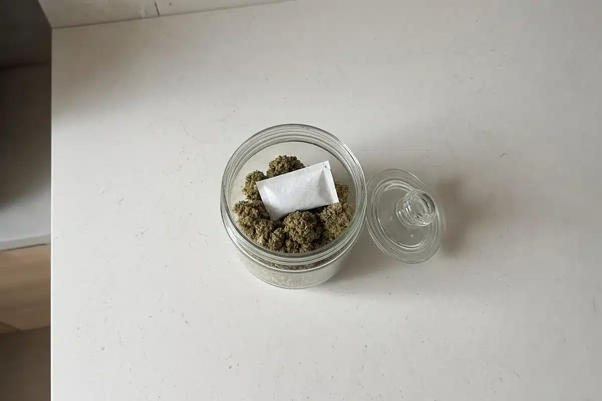 Humidity pack inside a jar of cannabis buds