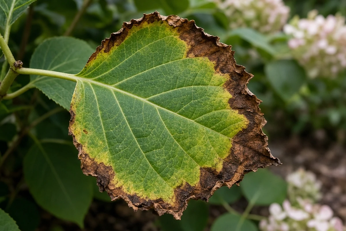 Hydrangea leaf with brown scorched edges