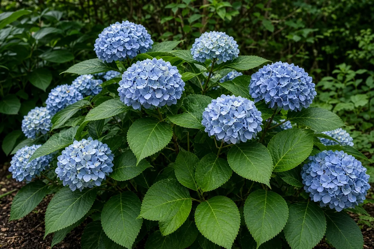 Hydrangea with large blue flower heads