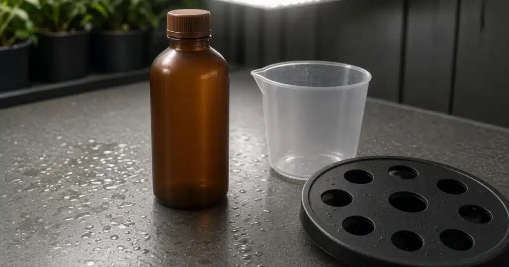 Plain unlabeled brown bottle beside a measuring cup and a hydroponic reservoir lid