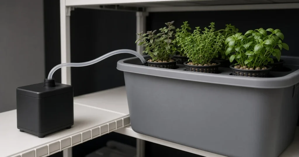 Air pump and tubing beside a hydroponic tote