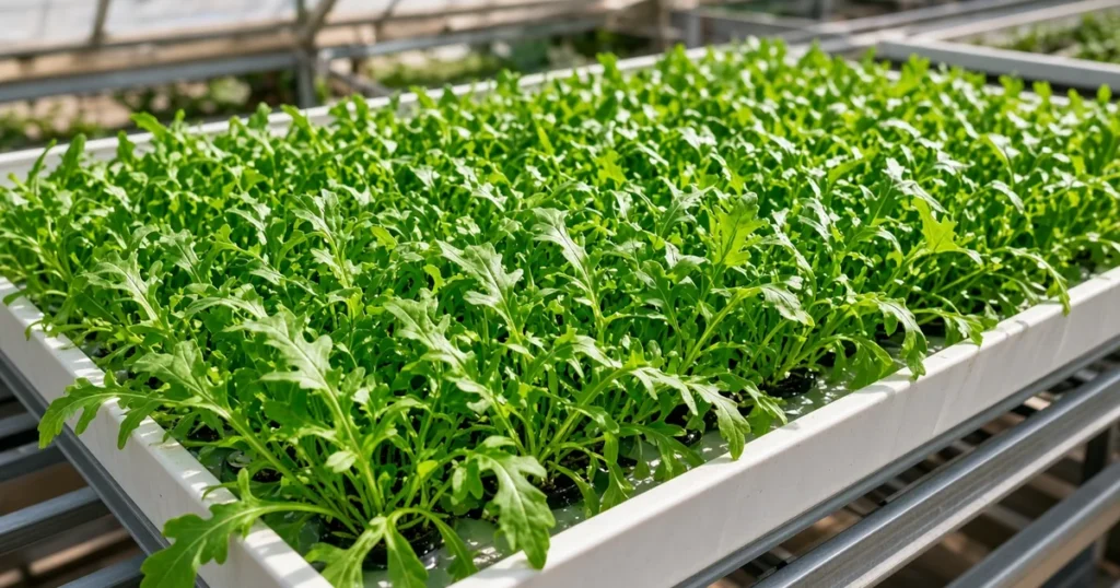 Hydroponic arugula in a grow tray