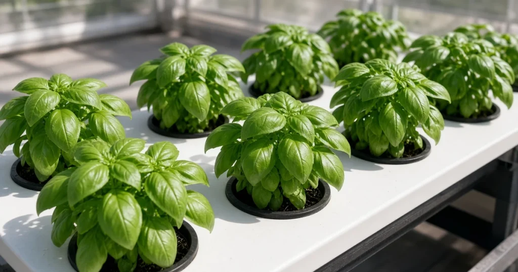 Hydroponic basil plants in net pots