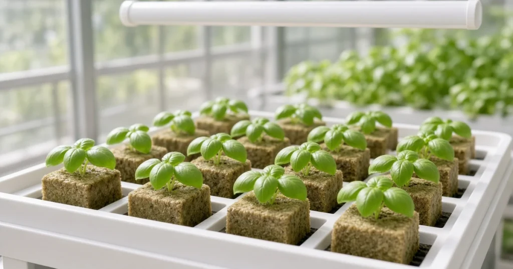 Hydroponic basil seedlings in plugs under a light