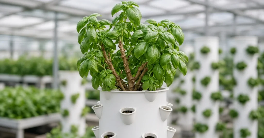 Tall basil plant with thick woody stems in a hydro tower