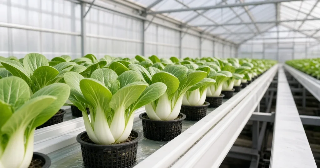 Hydroponic bok choy heads in net pots