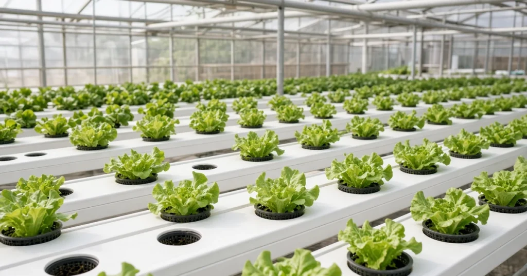 White hydroponic channels with lettuce in net cups