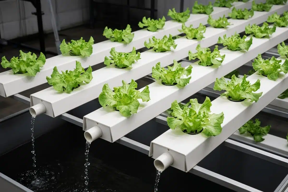Hydroponic channels draining back to a tank