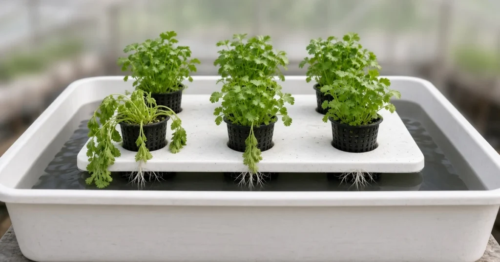 Hydroponic cilantro with a few drooping stems