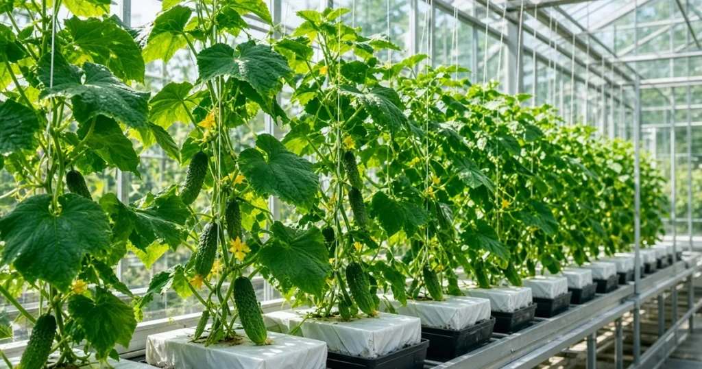 Hydroponic cucumber vines on a trellis