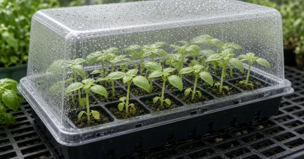 Basil cuttings in a clone tray under a humidity dome