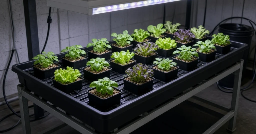 Shallow hydroponic flood tray filled with potted plants