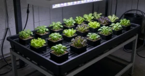 Shallow hydroponic flood tray filled with potted plants