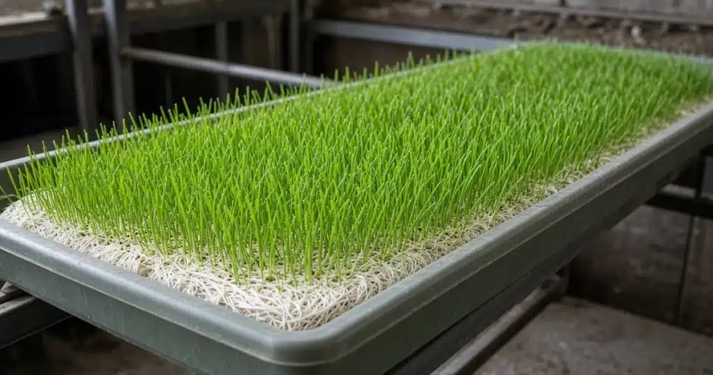Green barley fodder mat growing in a tray