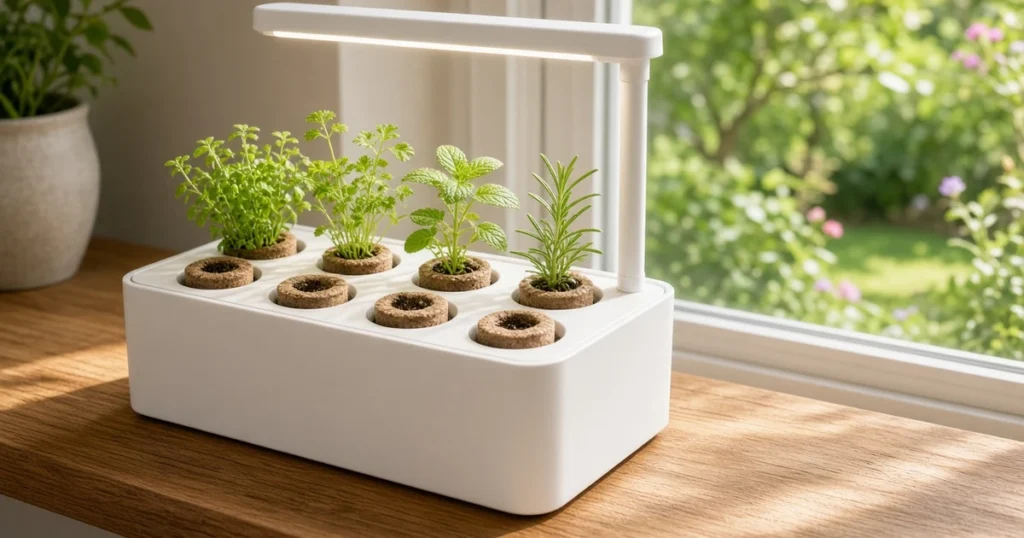Small hydroponic herb kit on a windowsill