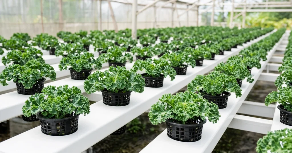 Hydroponic kale plants in net pots