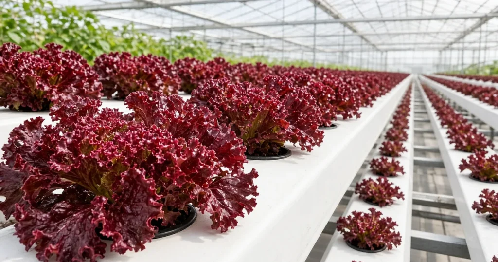 Red leaf lettuce in a hydroponic channel