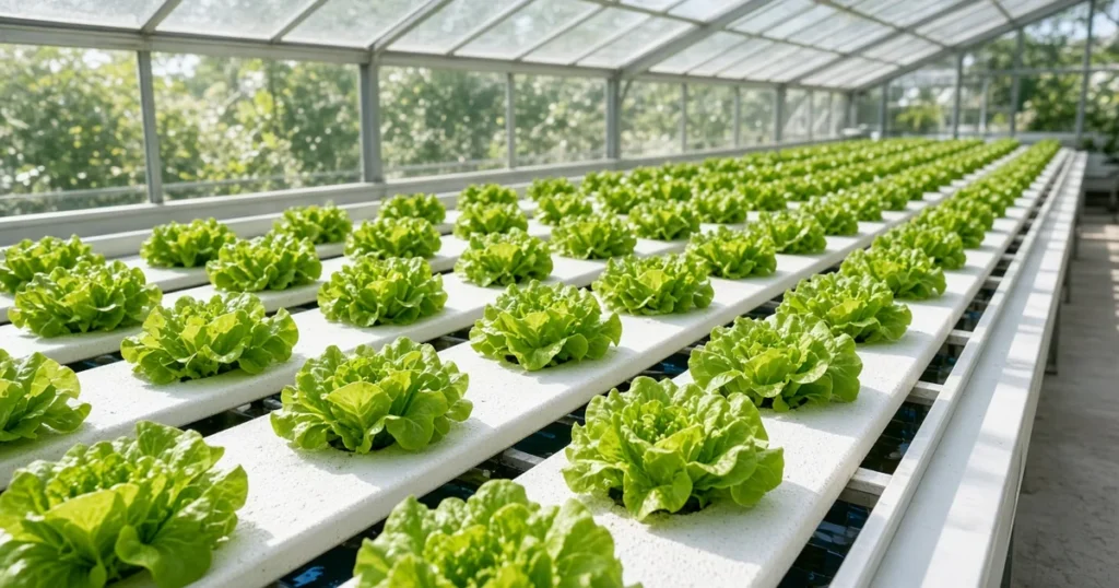 Hydroponic lettuce heads in a raft system