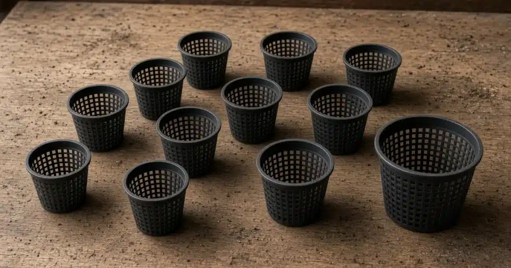 Empty plastic net cups of different sizes on a bench
