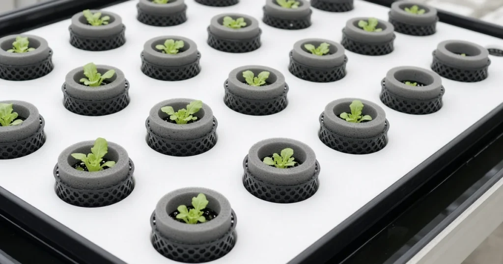 Round foam collars fitted into hydroponic net cups