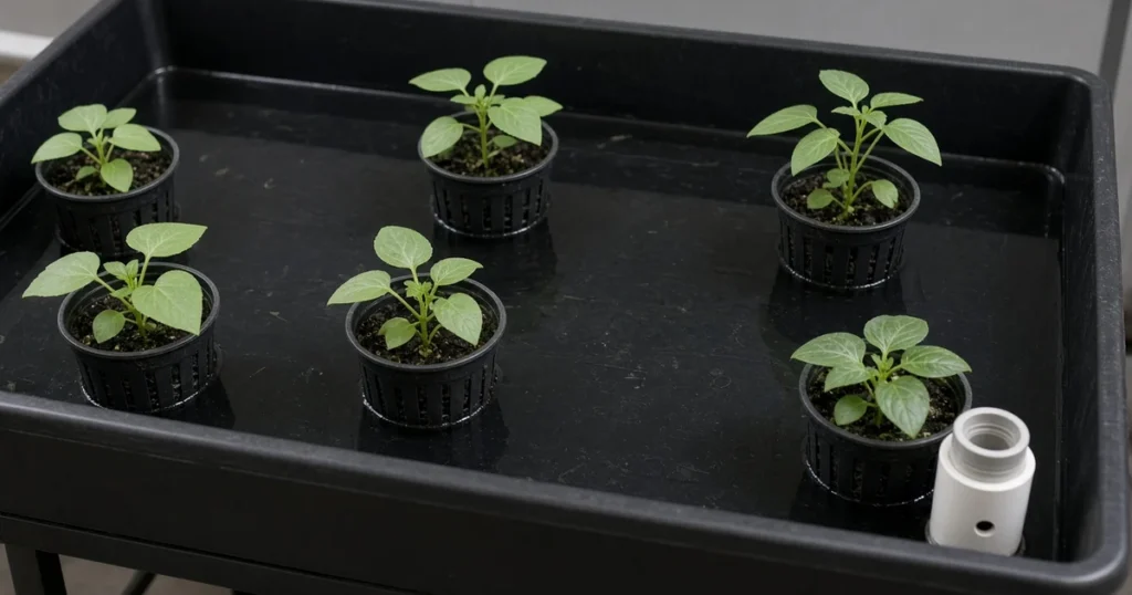 Grow tray with a short standpipe in one corner
