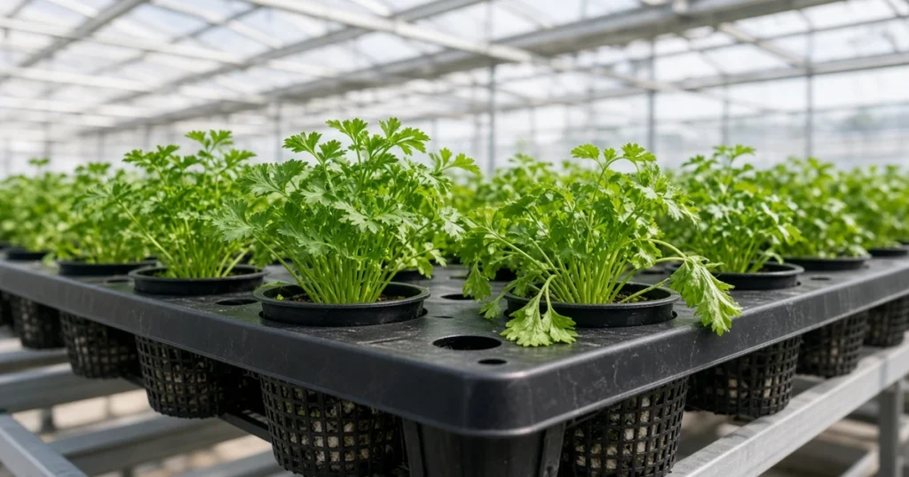 Hydroponic parsley in net pots