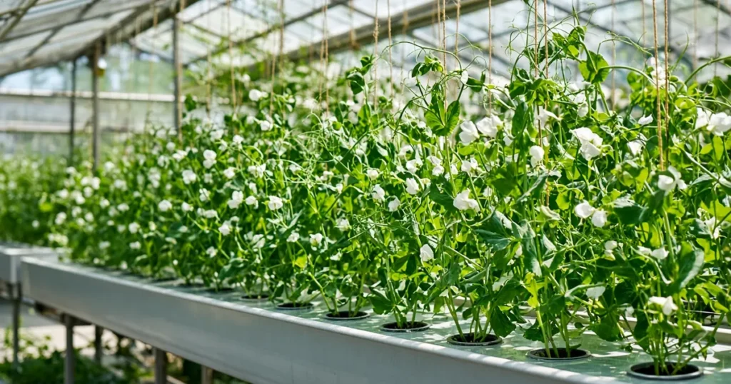 Hydroponic pea vines on a trellis