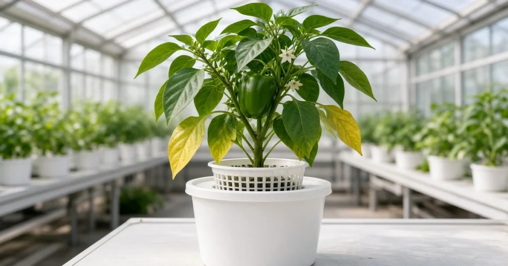 Pepper plant with a few yellow lower leaves in a hydroponic bucket