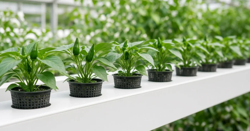 Hydroponic pepper plants in a grow system