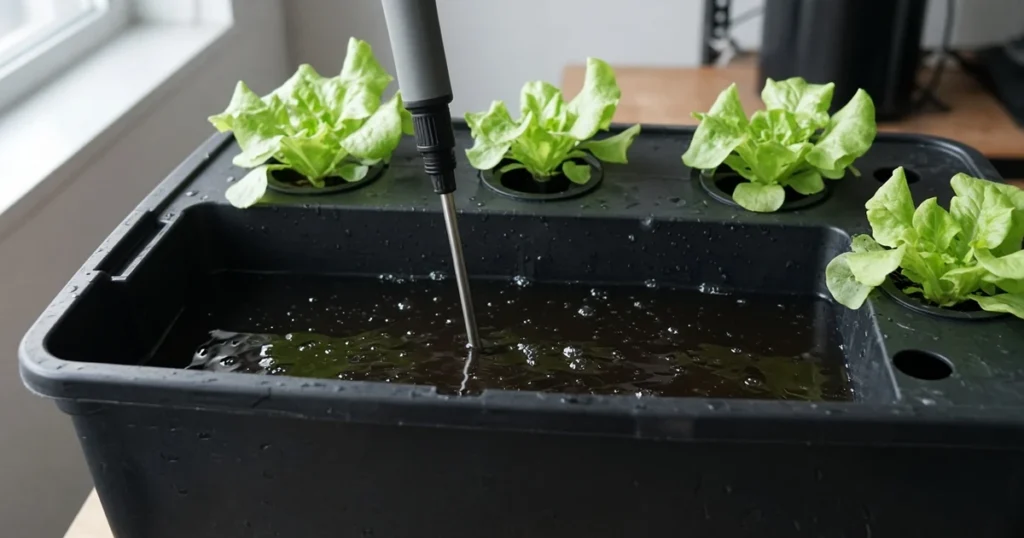 Handheld EC meter in a hydroponic reservoir