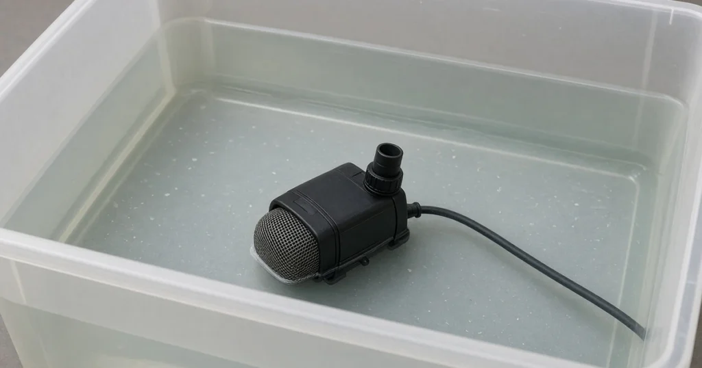 Small submersible pump with a mesh intake screen in a tote