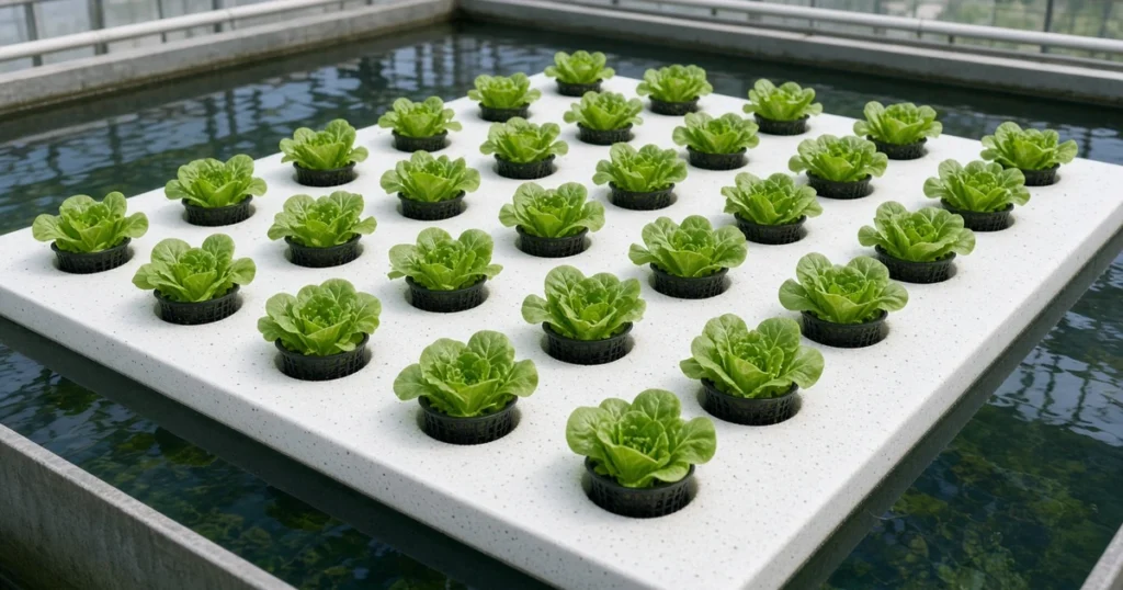 White foam raft board floating with lettuce in net cups
