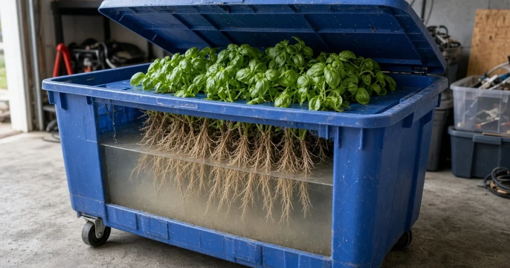 Hydroponic tote with lid lifted showing roots