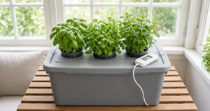 Digital probe thermometer reading a hydroponic tote